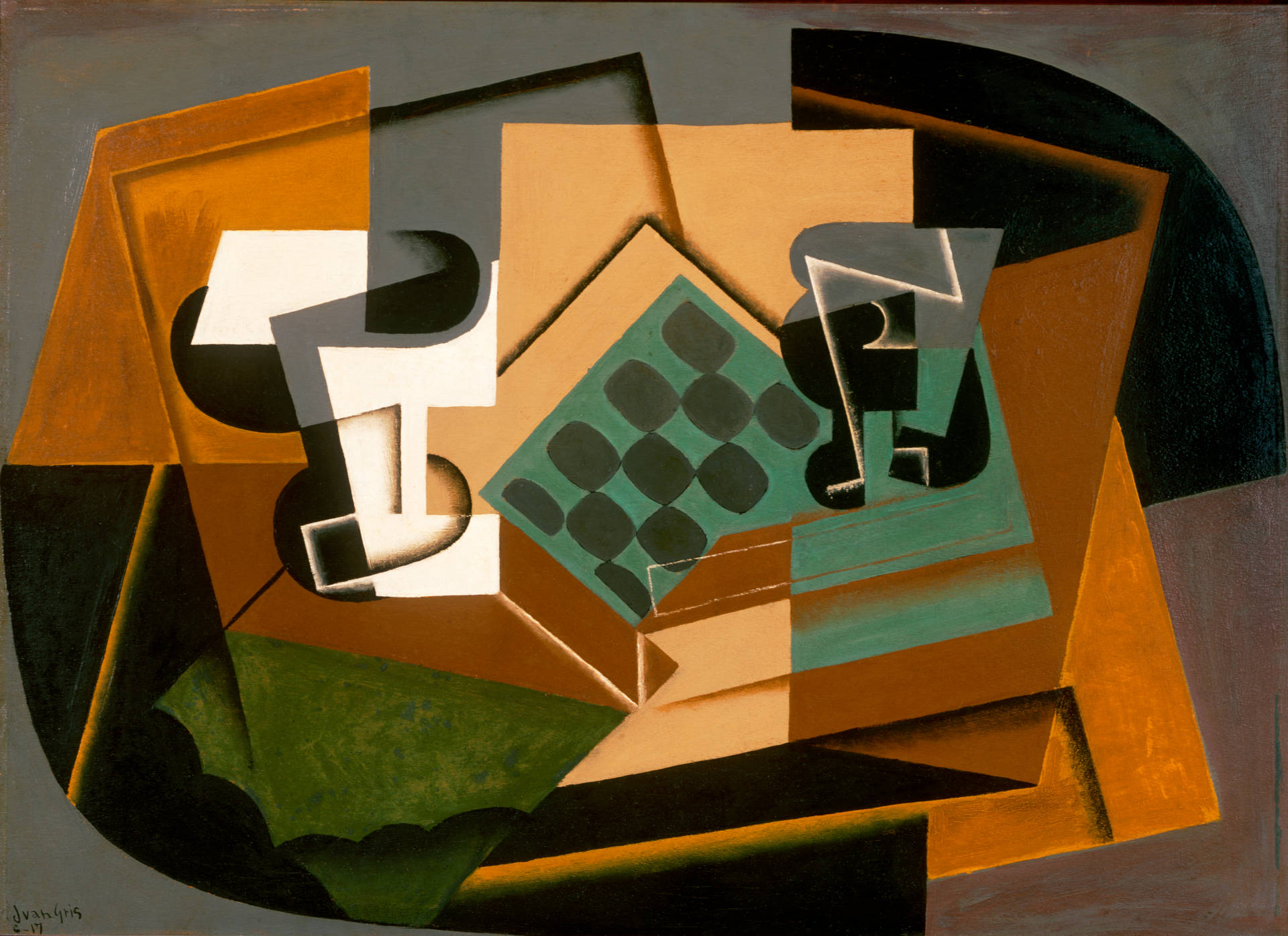 Chessboard, Glass, and Dish (1917)